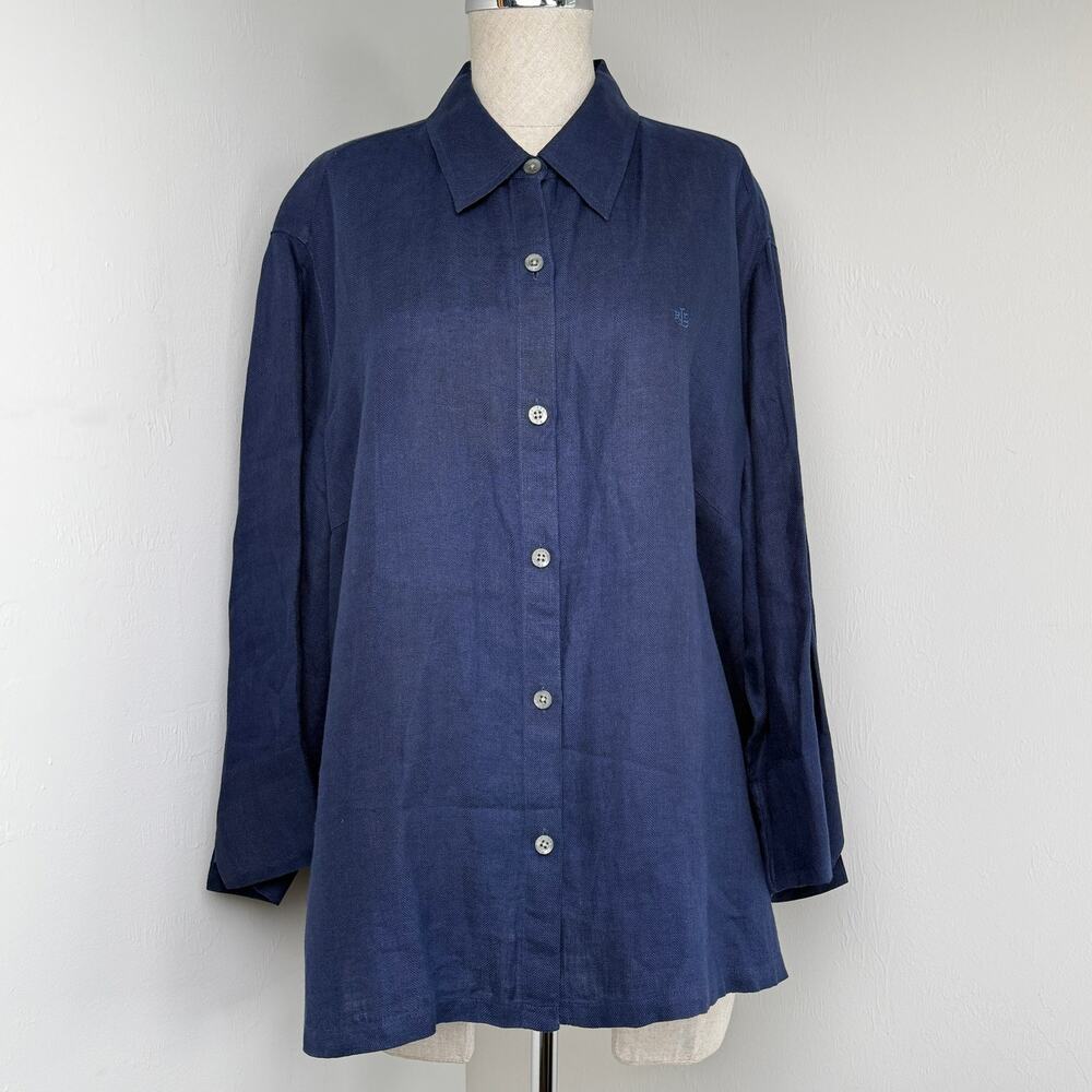 Lauren Ralph Lauren Linen Button Front Shirt Navy Blue Coastal Preppy Summer